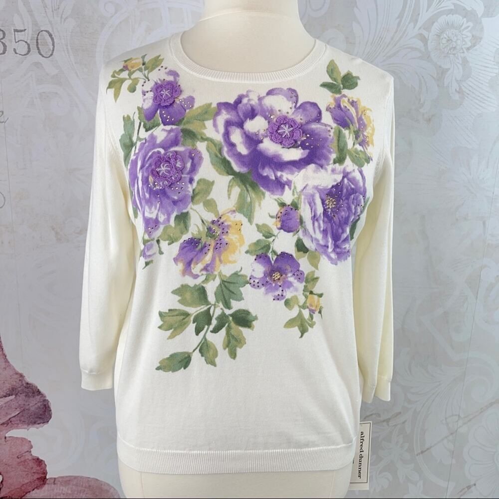 Alfred Dunner Cream Purple Crochet Floral Sweater Beaded Loire Valley